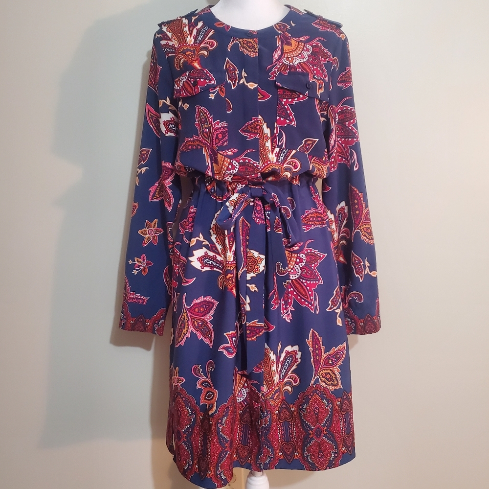 Liz Claiborne blue paisley button front belted long sleeve shirt dress PM